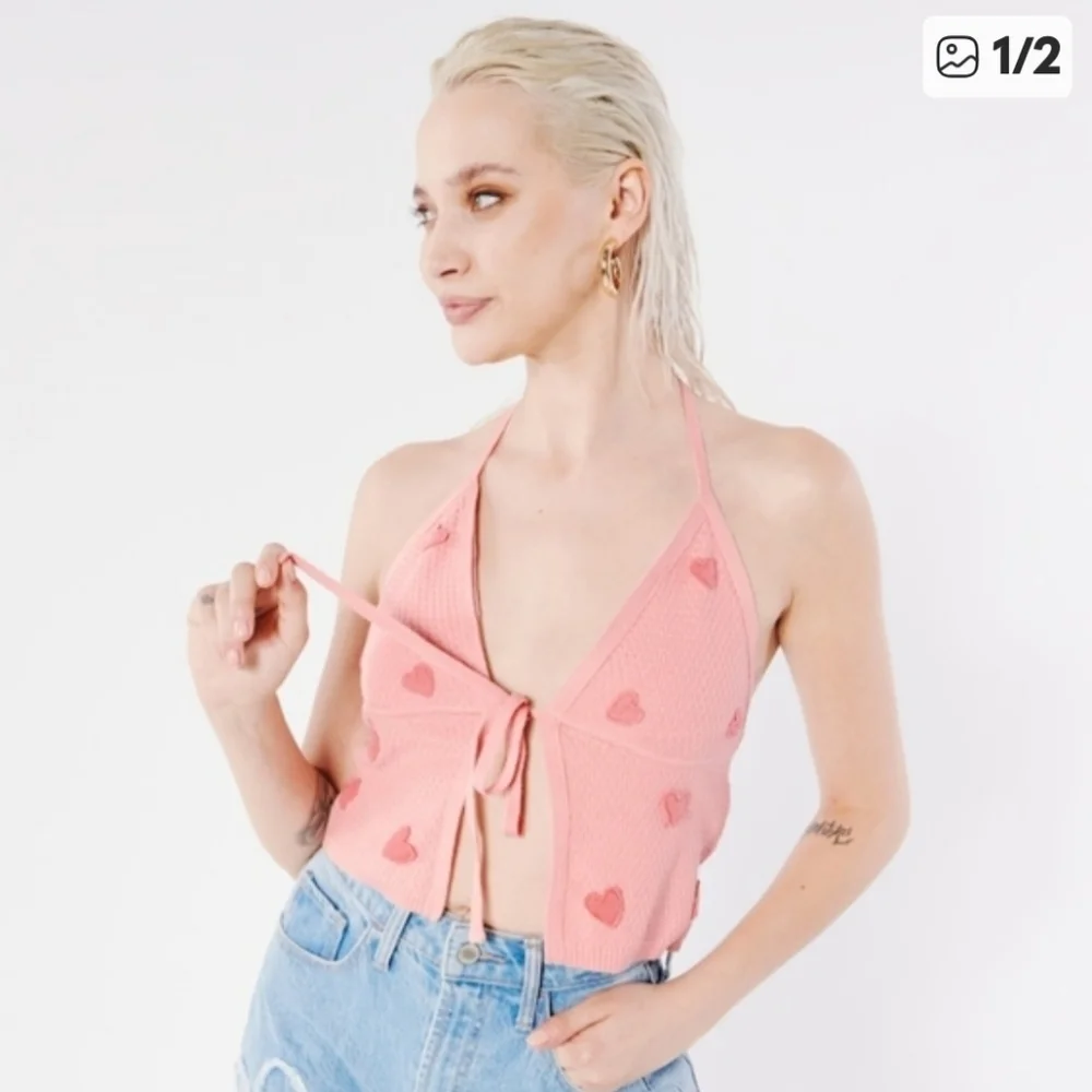 Social Tourist Pink Heart Halter Top Knit Size Small - Picture 1 of 9